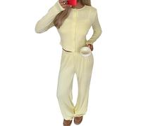 Canli4Y Pigiama da 3 pezzi, canotta con spaghetti, pantaloni da pigiama e cardigan, set da 3 pezzi, per dormire, giallo., M