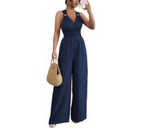 Canli4Y Tuta da donna con schiena scoperta, con gamba larga, elegante, per feste, cocktail, ospiti di nozze, Blu marino, M