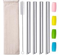 Cannucce Bubble Tea, Cannucce Riutilizzabili Metallo per Smoothie Milkshake Boba 12mm Larghe Acciaio Inox tè alle bolle Frullato Succo Aguzzo Cannuccia con Punte in Silicone Spazzola 4pcs Argento