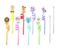 Cannucce con immagini di animali da 8 pezzi, cannucce a spirale per feste, cannucce arricciate annodate, cannucce riutilizzabili con 2 spazzole per la pulizia delle cannucce per latte, succhi.