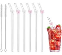 Cannucce in vetro, 6 pezzi, cannucce in vetro con 2 spazzole per la pulizia, cannucce riutilizzabili con fiocco, cannucce in vetro, curve, per succhi, cocktail, frullati, latte, caffè
