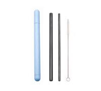 Cannuccia Acciaio Inox Stainless Steel Straw Set Metal Straw Reusable Drinking Straw With Cleaner Brush Portable Box(Black-Blue Box)