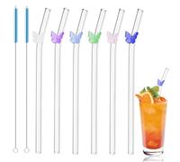 Cannuccia Riutilizzabile, 6 Pezzi Cannucce di Vetro Trasparenti a Forma di Farfalla, Riutilizzabili con 2 Spazzole per la Pulizia, per Frullati, Caffè, Latte, Succo, Cocktail o Miscelazione