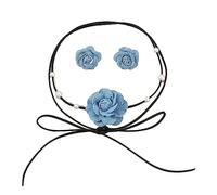 CANNXI Collane da donna, con lacci, in tessuto blu, collana girocollo con fiori e orecchini, set da donna alla moda, idea regalo, Tessuto
