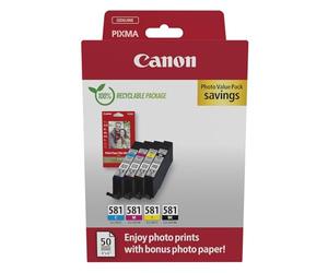 Canon Cartuccia 4 Cartucce per Stampante Originali CLI-581 C M Y BK (1 x Nero, 1 x Ciano, 1 x Magenta, 1 x Giallo) & 4x6 Carta Fotografica (50 x Fogli)
