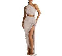 Canopz Abito monospalla da donna con schiena scoperta, abito lungo senza maniche in raso sexy con spacco alto, abito estivo a sirena plissettato in tinta unita, abito da cocktail asimmetrico con couli