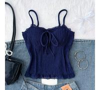 Canotta a maglia strutturata blu navy per ragazze pre-adolescenti, con bordo in pizzo a farfalla, adatta come capo di abbigliamento base o indossata da sola, ideale per il ritorno a scuola, le vacanze