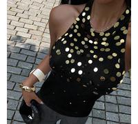 Canotta aderente da donna con scollo ad aletta e schiena a U, decorata con paillettes L,M,S,XSStampa CasualeMaglieria