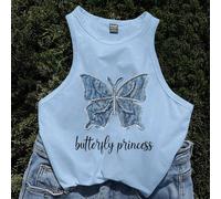 Canotta aderente stile retrò casual da donna con stampa di farfalle blu e lettera scritta a mano, adatta per l'estate e la spiaggia L,M,S,XL,XS,XXL,XXS,XXXL,XXXXLAnimale,LettereTessuto in maglia