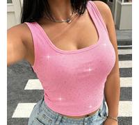 Canotta bianca elegante e comoda, decorata con strass, adatta per vacanze, ufficio, brunch, eventi, di taglia grande. Top casual e sexy, alla moda, adatto per uso quotidiano in estate e primavera 0XL,