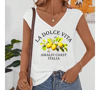Canotta casual da donna con scollo a V, stampa ad acquerello con limone e testo, adatta per l'estate, casual L,M,S,XL,XS,XXL,XXS,XXXL,XXXXLFloreale,Lettere,Frutta & verdura,Piante,sloganTessuto in mag