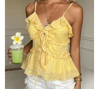 Canotta casual da donna gialla con bordo arricciato e laccio frontale, top camisole da donna con bordo in pizzo arricciato e laccio frontale, scollo a V, top camisole in pizzo giallo delicato per donn