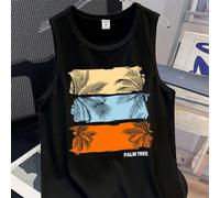 Canotta casual e minimalista adatta per l'estate, per ragazzi adolescenti, in maglia, di moda minimalista, con stampa di albero di palma e blocchi di colore del tramonto, adatta per l'estate, la spiag