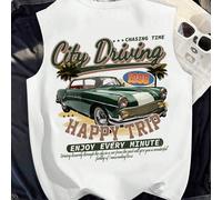 Canotta casual minimalista da ragazzo pre-adolescente, stile vacanziero, con stampa sul retro di auto americane retrò, paesaggi, piante tropicali, ampia e comoda, collo rotondo, adatta per estate, vac