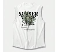 Canotta casual senza maniche a stampa con slogan alberi di palma per l'estate degli uomini, top grafico tondo collo per il marito in spiaggia L,M,S,XL,XXLLettere,Tropicale,Piante,sloganTessuto