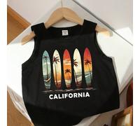 Canotta casual senza maniche per ragazzo, con stampa grafica classica di tavola da surf e nome della città della California, adatta per l'estate 6Y,7Y,8Y,9Y,4Y,5Y,3-4YGraficoTessuto