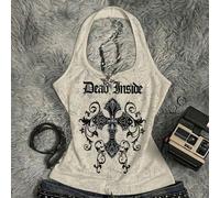 Canotta casual streetwear nera con grafica a croce e scollo all'americana per donne, adatta per primavera/estate L,M,S,XL,XSGrafico,LettereTessuto