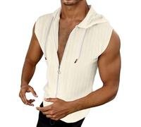Canotta con cappuccio da uomo, sportivo, con zip, da uomo, con cerniera, senza maniche, per fitness, slim, beige, S