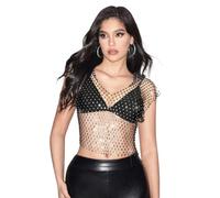 Canotta con cappuccio in rete senza maniche con strass Top scintillante gioielli nightclub gilet con cappuccio canotta da spiaggia per le donne Mesh Strass scollo a V canotte top, Nero , XS