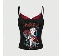 Canotta con pizzo e grafica di rose e ritratti, per taglie comode, in stile Y2K 0XL,1XL,2XL,3XLHalloweenTessuto in maglia