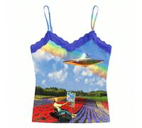 Canotta con pizzo stile Y2K, casual e chic da strada, con stampe surreali di astronavi, luna, prati e arcobaleni, adatta per feste, vacanze, raduni e uso quotidiano in autunno/inverno. Top con stampe