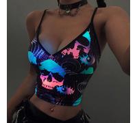 Canotta con stampa di teschio che brilla al buio, maglietta grafica da donna L,M,S,XLHalloween,LettereTessuto