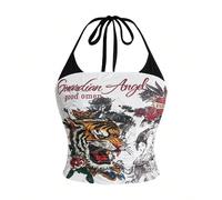 Canotta con stampa vintage a tigre e vite, stile Y2K, per taglie comode 0XL,1XL,2XL,3XL,4XLAnimale,Lettere,RoseTessuto in maglia
