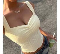 Canotta corta aderente da donna, con scollo a cuore, arricciatura sul busto e bordo a lattuga, in colore tinta unita, adatta per l'estate e le vacanze L,M,S,XL,XS,XXL,XXS,XXXL,XXXXLColore unicoTessuto