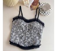 Canotta corta senza maniche stampata da donna con bordo in pizzo e parte anteriore ispirata al corsetto per abiti estetici streetwear Y2K (nero)