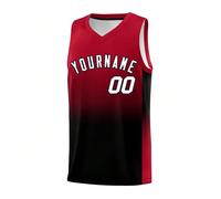Canotta da basket personalizzata a gradiente rosso e nero, con nome della squadra e numero personalizzati, jersey con stampa termica, tessuto morbido e confortevole, maglia da allenamento sportivo, st