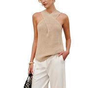 Canotta da donna a maglia, senza maniche, colore beige, cachi, S