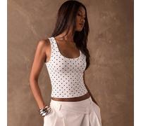 Canotta da donna a pois bianchi e neri - Collo rotondo aderente, stile di moda da strada ed elegante, basic elasticizzato adatto a tutte le stagioni, perfetto per concerti estivi, rave, festival music