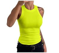Canotta da donna aderente aderente da corsa carina tinta unita senza maniche alla moda 2025 camicie slim fit atletica a costine moda Y2K canotta da palestra girocollo sport di base per uscire, giallo