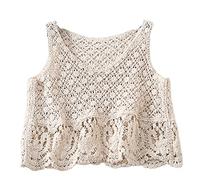 Canotta da donna Boho Crochet senza maniche Crop Top con scollo a V Hollow Knit Floral Camisole Vintage Colorful Perline Nappa Gilet da spiaggia, D, S/XL
