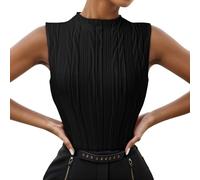 Canotta da donna con collo alto, estate 2024, casual, maglia a coste, taglio sottile, semplice strutturato, camicie senza maniche parrucche di carnevale, Nero , XL