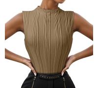 Canotta da donna con collo alto, estate 2024, casual, maglia a coste, taglio sottile, semplice strutturato, camicie senza maniche parrucche di carnevale, marrone, XL