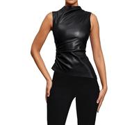 Canotta da donna con effetto bagnato, effetto pelle, con corsetto lucido, senza maniche, per clubwear, Nero , L