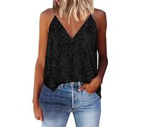 Canotta da donna con glitter Club, casual, con paillettes, scollo a V, senza maniche, estive, orlo curvo, fluido, lucido, con strass Y2K, canotte sexy con spalline sottili e spalline sottili, Nero , S