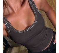 Canotta da donna con scollo a U ampio e decorazione con borchie, per donne di piccola statura Petite XXS,Petite XS,Petite S,Petite M,Petite LColore unicoTessuto in maglia