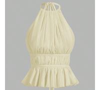 Canotta da donna con scollo all'americana plissettato, vita annodata, schiena scoperta e peplo, per donne di piccola statura Petite XXS,Petite XS,Petite S,Petite M,Petite LColore unicoTessuto intrecci