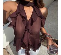 Canotta da donna con scollo rotondo, senza maniche e con volant, adatta per primavera, estate, giugno, festival, festa di San Giovanni, laurea, spiaggia, matrimonio e festa L,M,SColore unicoChiffon