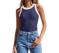 Canotta da donna corta a coste, senza maniche, con spalle scoperte, Y2K, Crop Tops per adolescenti, ragazze, bicolore, Blu, S