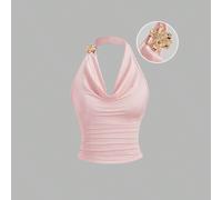 Canotta da donna di stile francese marrone, con collo arricciato, nuova moda estiva, vita plissettata, dal sapore retrò e sexy L,M,S,XSColore unicoTessuto in maglia