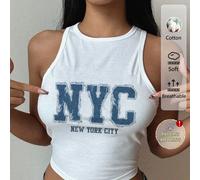 Canotta da donna in cotone slim fit, dal taglio minimalista, con stampa a lettere in stile denim di New York, in stile retrò, adatta per l'estate L,M,S,XL,XS,XXL,XXS,XXXL,XXXXLLettereTessuto in maglia