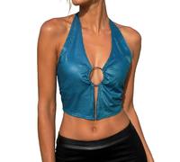 Canotta da donna in pelle opaca senza spalline sexy traforato schiena nuda e aderente a caraco chic alla moda crop top da sera per festival di musica, blu, M