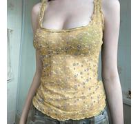 Canotta da donna in rete retrò con stampa floreale e bordo lattuga, scollo a U, senza maniche, camicetta per vacanze, club, uso quotidiano, primavera, estate, autunno, inverno, moda (S giallo)