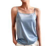 Canotta da donna in seta, sexy in raso, senza maniche, con spalline sottili, camicetta setosa per stratificazione o uscita, morbida e traspirante, per primavera ed estate, Azzurro, M