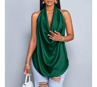 Canotta da donna in tessuto lucido color albicocca, scollo a V profondo, spalline a incrocio, orlo curvo, schiena scoperta, tessuto intrecciato, adatta per la stagione primavera-estate e il tempo libe