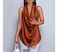 Canotta da donna in tessuto lucido color albicocca, scollo a V profondo, spalline a incrocio, orlo curvo, schiena scoperta, tessuto intrecciato, adatta per la primavera e l'estate, per il tempo libero