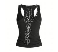 Canotta da donna retrò da festival musicale, sexy e versatile, con logo inglese ricamato, decorazione con stelle e borchie, scollo a U L,M,S,XL,XS,XXSHalloweenTessuto